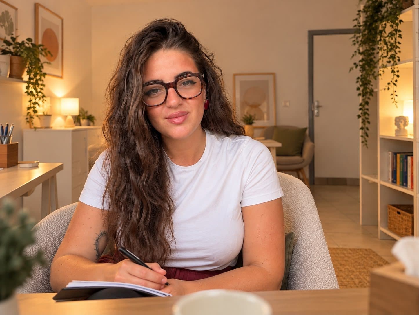 Ginevra seduta alla scrivania del suo studio, con un quaderno in mano